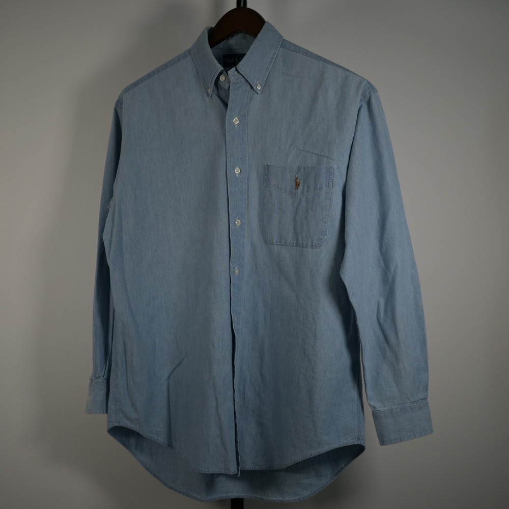 Vintage 90's Ralph Lauren Big Shirt Mens Small Blue Denim Long Sleeve Pony - Picture 3 of 7